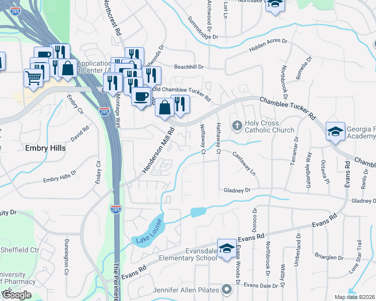 map of restaurants, bars, coffee shops, grocery stores, and more near 3124 Nottaway Court in Chamblee