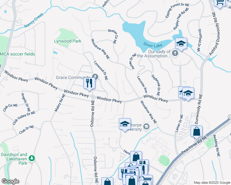 map of restaurants, bars, coffee shops, grocery stores, and more near 3126 Lynwood Drive Northeast in Atlanta