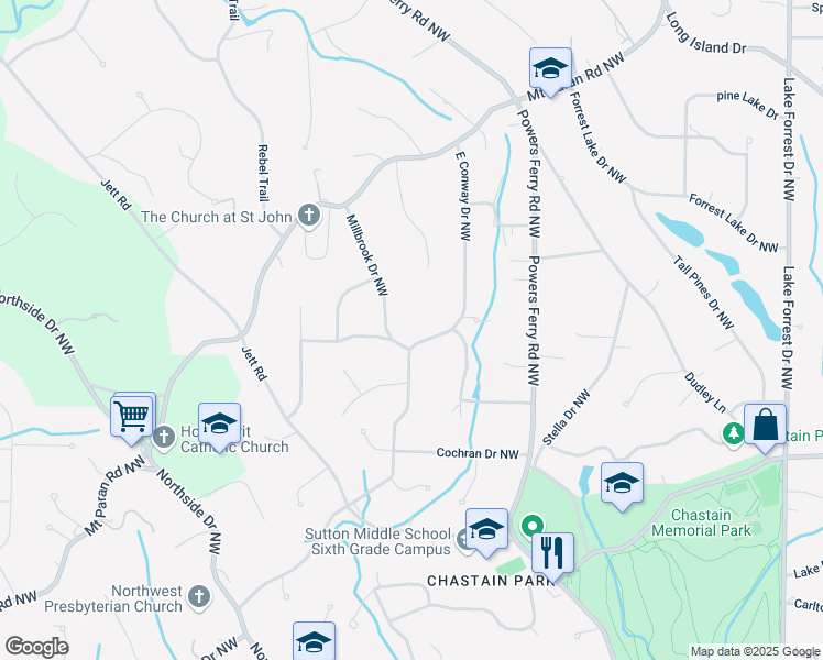 map of restaurants, bars, coffee shops, grocery stores, and more near 4584 East Conway Drive Northwest in Atlanta