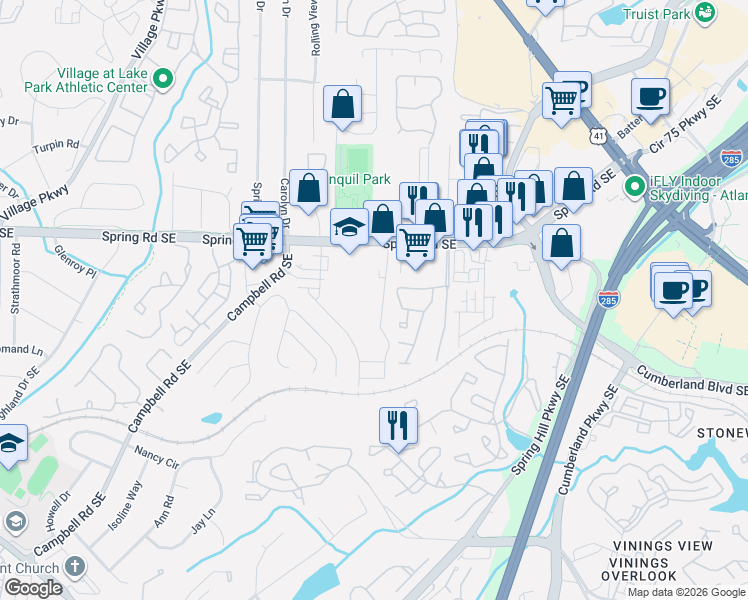 map of restaurants, bars, coffee shops, grocery stores, and more near 2964 Woodruff Drive Southeast in Smyrna
