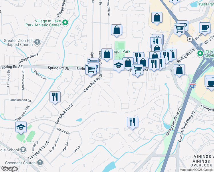 map of restaurants, bars, coffee shops, grocery stores, and more near 1200 Bickham Way Southeast in Smyrna