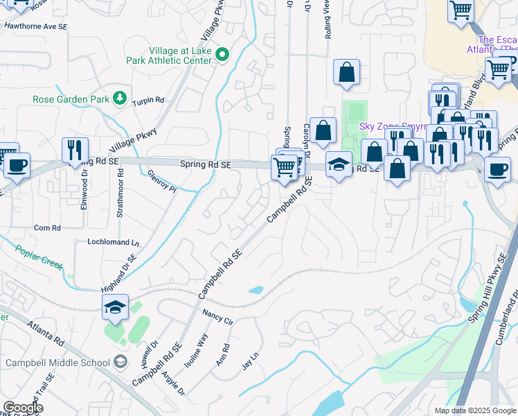map of restaurants, bars, coffee shops, grocery stores, and more near 2308 Country Park Drive in Smyrna