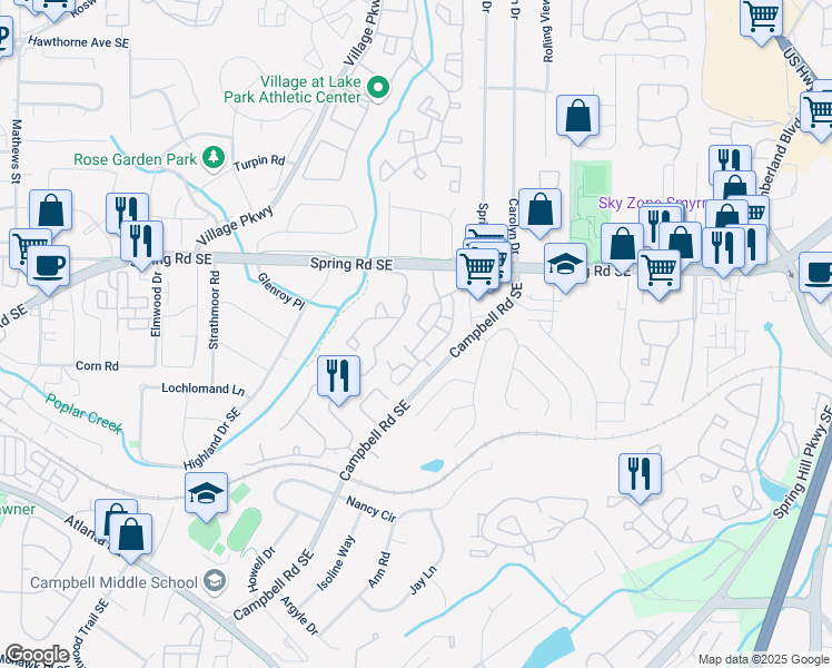 map of restaurants, bars, coffee shops, grocery stores, and more near 906 Country Park Drive in Smyrna