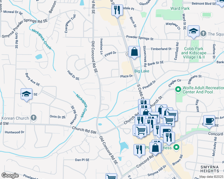 map of restaurants, bars, coffee shops, grocery stores, and more near 2935 Old Concord Road Southeast in Smyrna