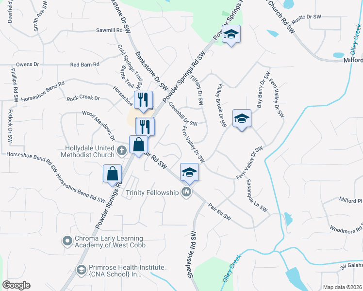 map of restaurants, bars, coffee shops, grocery stores, and more near 2985 Garland Drive Southwest in Marietta