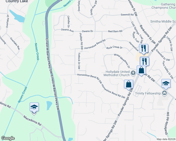 map of restaurants, bars, coffee shops, grocery stores, and more near 2435 Horseshoe Bend Road Southwest in Marietta