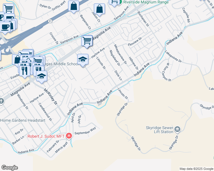 map of restaurants, bars, coffee shops, grocery stores, and more near 3447 Yuba Circle in Riverside