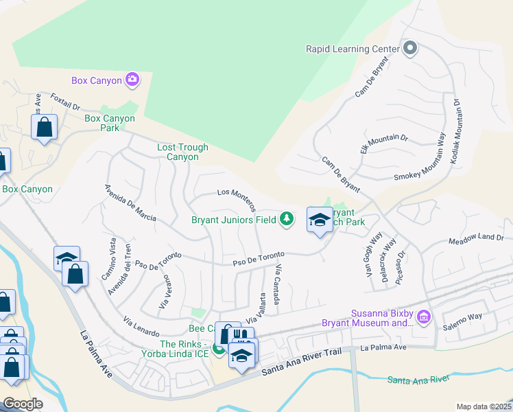 map of restaurants, bars, coffee shops, grocery stores, and more near 5420 Los Monteros in Yorba Linda