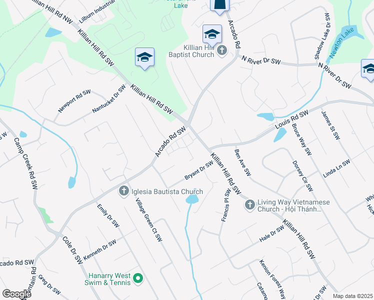 map of restaurants, bars, coffee shops, grocery stores, and more near 101 Dewey Road in Lilburn