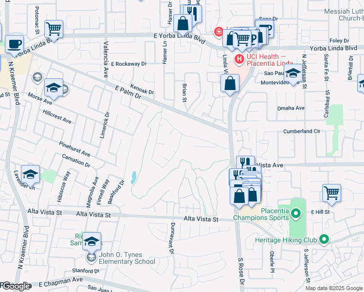 map of restaurants, bars, coffee shops, grocery stores, and more near 1206 Eckenrode Way in Placentia