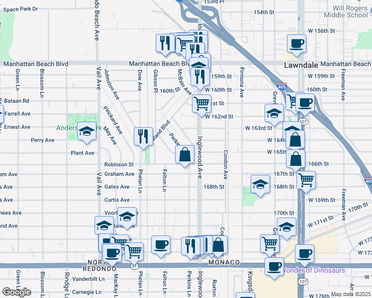 map of restaurants, bars, coffee shops, grocery stores, and more near 2812 Perkins Lane in Redondo Beach