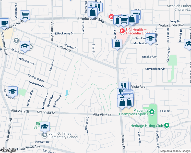 map of restaurants, bars, coffee shops, grocery stores, and more near 1000 Henrietta Circle in Placentia