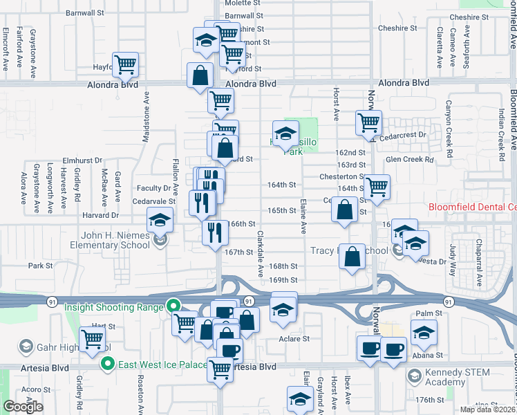 map of restaurants, bars, coffee shops, grocery stores, and more near 16441 Clarkdale Avenue in Norwalk