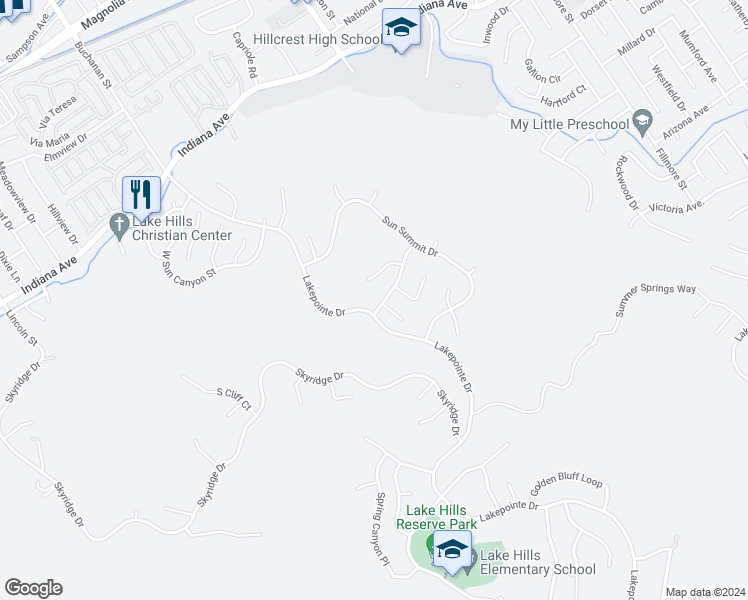 map of restaurants, bars, coffee shops, grocery stores, and more near 16401 Mountain Mist Street in Riverside