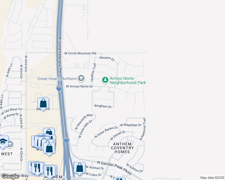 map of restaurants, bars, coffee shops, grocery stores, and more near 3722 West Aracely Drive in New River