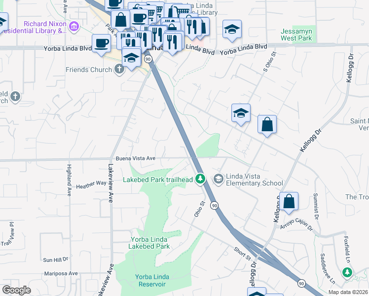 map of restaurants, bars, coffee shops, grocery stores, and more near 18561 Buena Vista Avenue in Yorba Linda