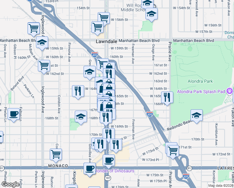 map of restaurants, bars, coffee shops, grocery stores, and more near 4337 166th Street in Lawndale