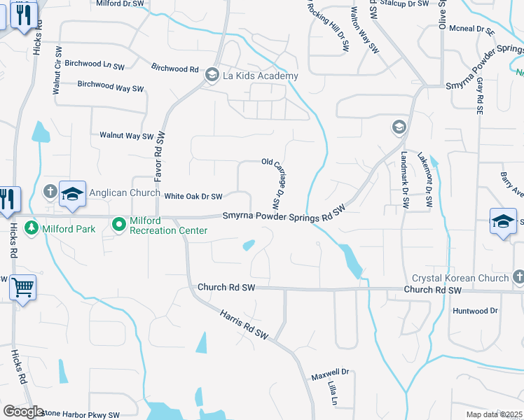 map of restaurants, bars, coffee shops, grocery stores, and more near 368 Smyrna Powder Springs Road Southwest in Marietta