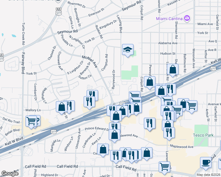 map of restaurants, bars, coffee shops, grocery stores, and more near 3100-3198 McNiel Avenue in Wichita Falls