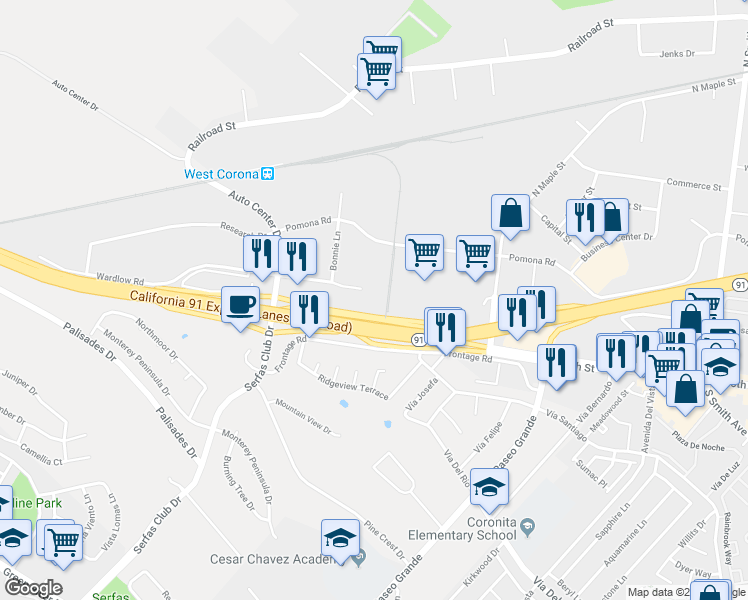 map of restaurants, bars, coffee shops, grocery stores, and more near 2280 Wardlow Circle in Corona