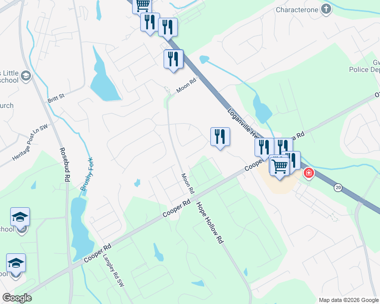 map of restaurants, bars, coffee shops, grocery stores, and more near 430 McKenzie Grace Lane in Grayson