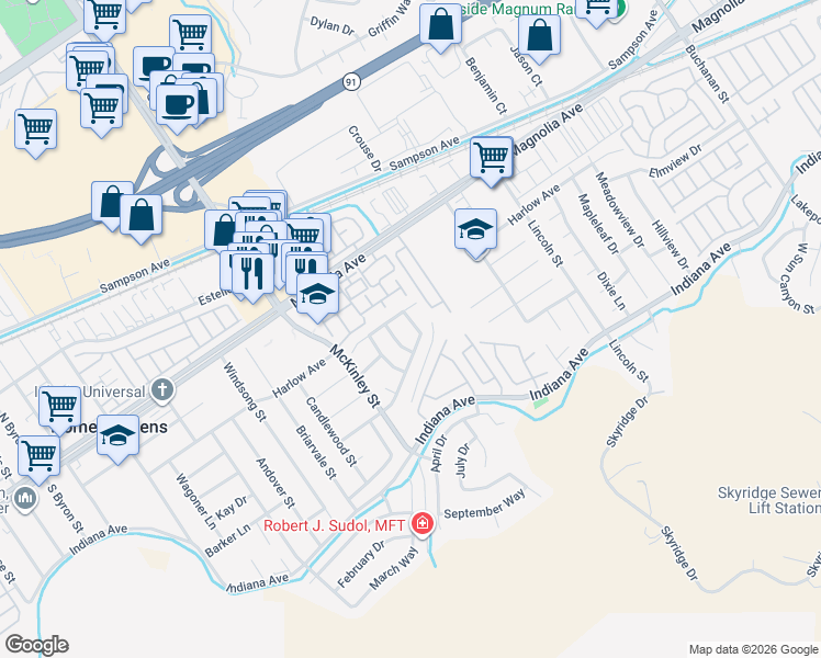 map of restaurants, bars, coffee shops, grocery stores, and more near 3670 Windstorm Way in Riverside