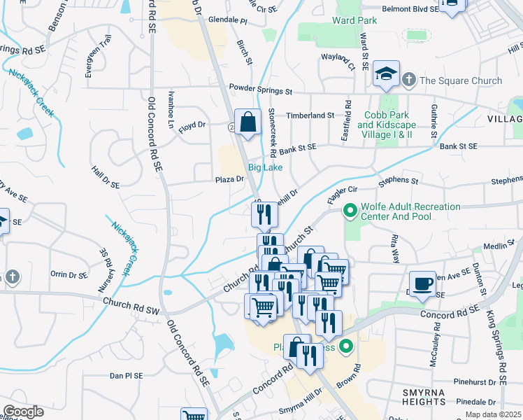 map of restaurants, bars, coffee shops, grocery stores, and more near 3059 South Cobb Drive Southeast in Smyrna