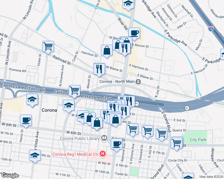 map of restaurants, bars, coffee shops, grocery stores, and more near 133 Washburn Circle in Corona