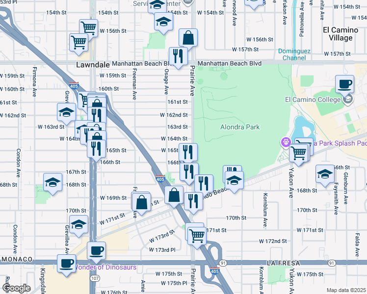 map of restaurants, bars, coffee shops, grocery stores, and more near in Lawndale