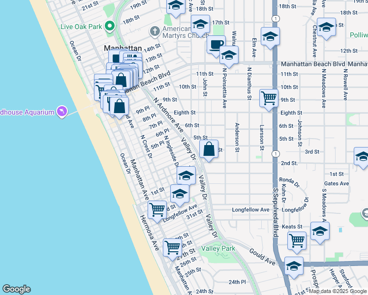 map of restaurants, bars, coffee shops, grocery stores, and more near 541 4th Street in Manhattan Beach