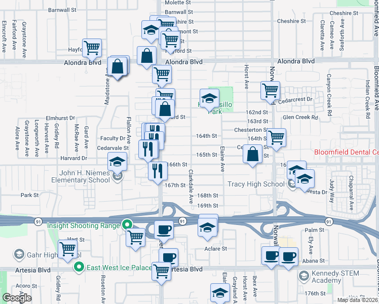 map of restaurants, bars, coffee shops, grocery stores, and more near 16441 Clarkdale Avenue in Norwalk
