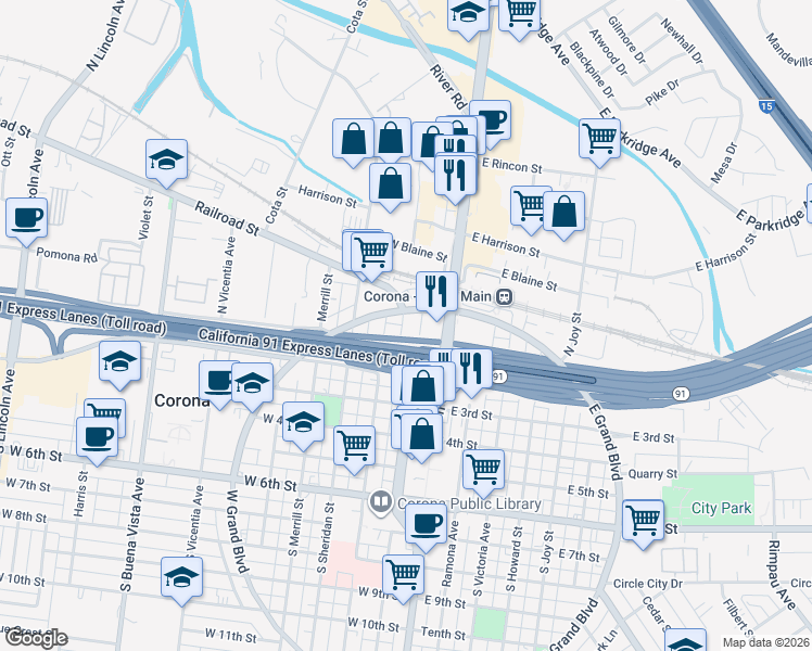 map of restaurants, bars, coffee shops, grocery stores, and more near 190 Depot Drive in Corona