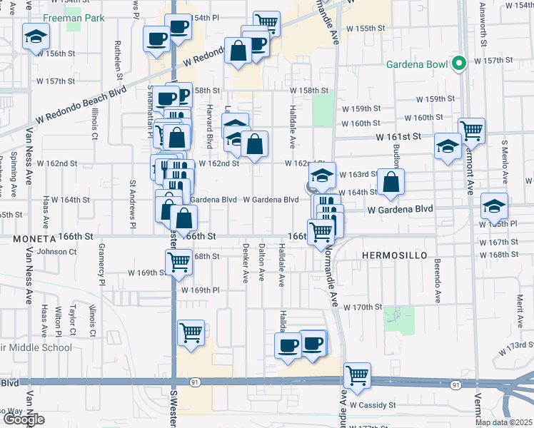 map of restaurants, bars, coffee shops, grocery stores, and more near 16321 Dalton Avenue in Gardena