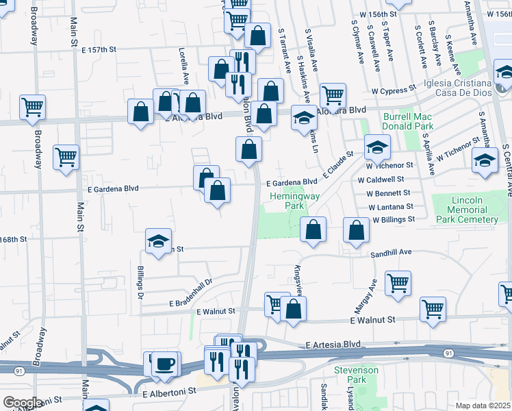 map of restaurants, bars, coffee shops, grocery stores, and more near Avalon Boulevard in Carson