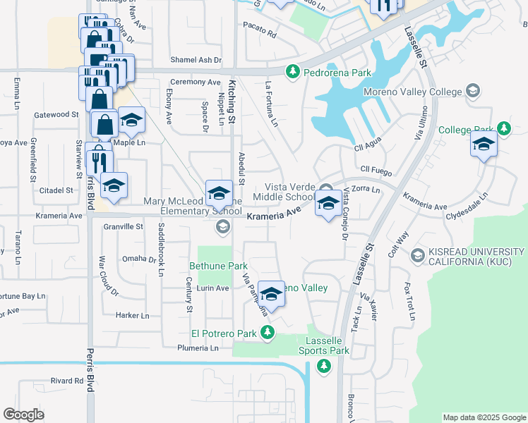 map of restaurants, bars, coffee shops, grocery stores, and more near 25613 Buena Fortuna Lane in Moreno Valley