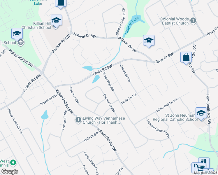 map of restaurants, bars, coffee shops, grocery stores, and more near 415 Bruce Way Southwest in Lilburn