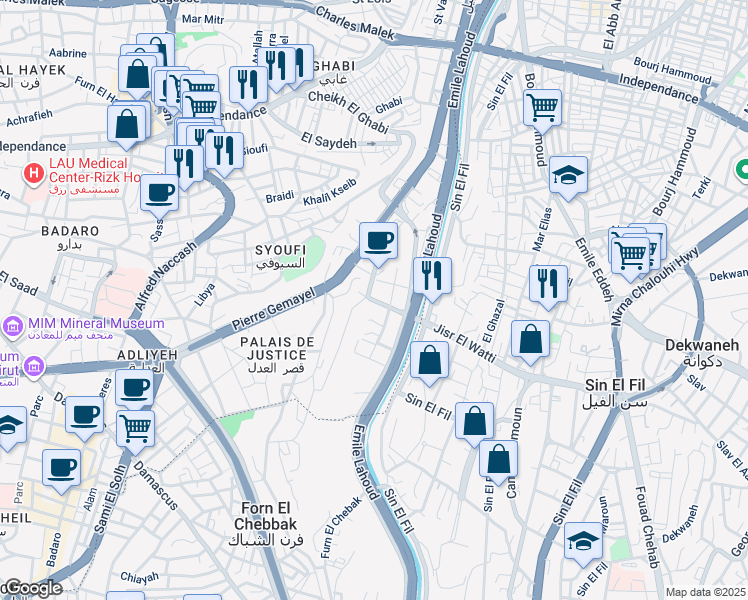 map of restaurants, bars, coffee shops, grocery stores, and more near Beirut in Beirut