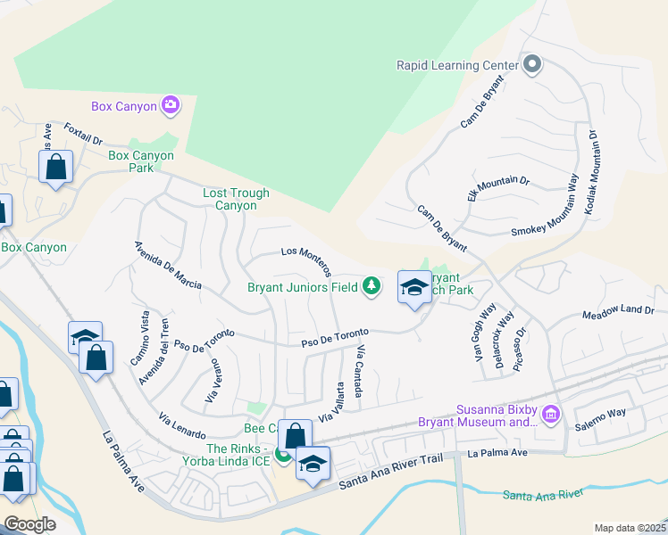 map of restaurants, bars, coffee shops, grocery stores, and more near 5420 Los Monteros in Yorba Linda