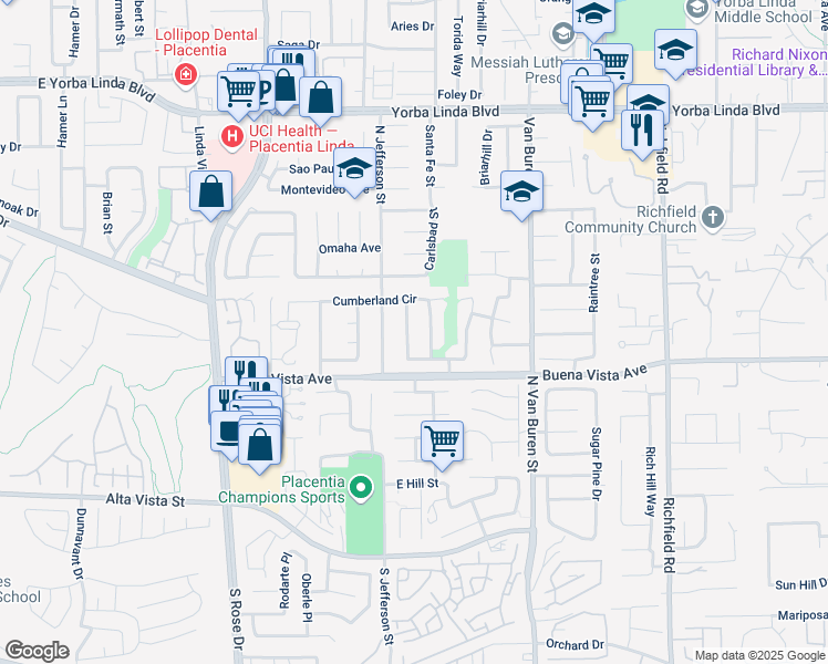 map of restaurants, bars, coffee shops, grocery stores, and more near 5402 Redwood Street in Yorba Linda