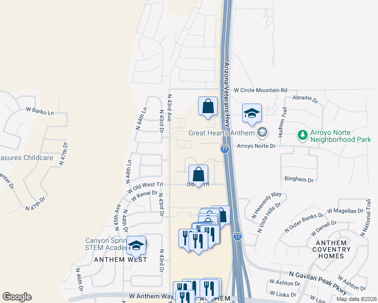 map of restaurants, bars, coffee shops, grocery stores, and more near 43843 North 43rd Avenue in New River
