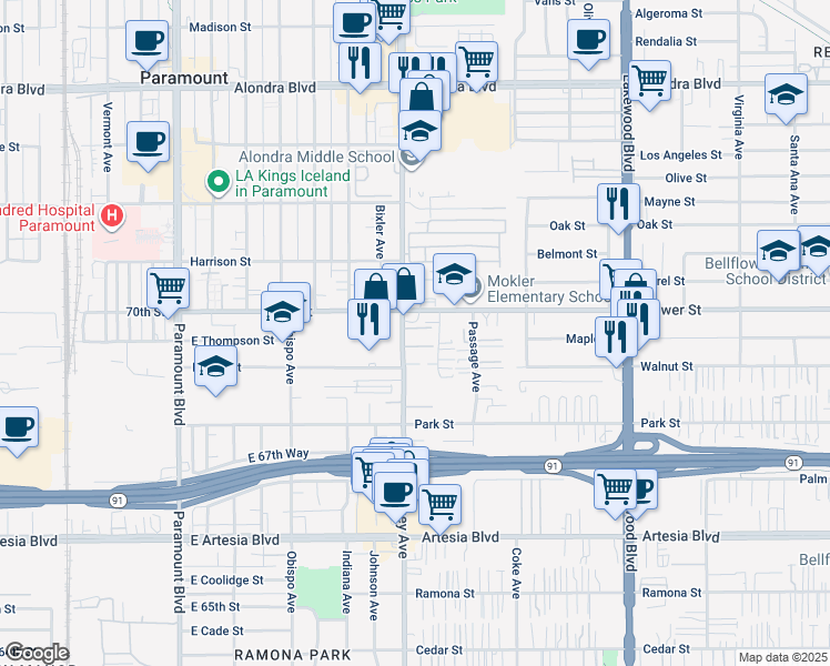 map of restaurants, bars, coffee shops, grocery stores, and more near 16818 Downey Avenue in Paramount