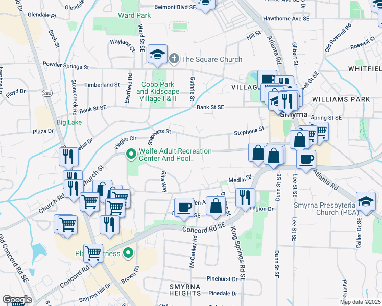 map of restaurants, bars, coffee shops, grocery stores, and more near Church Street in Smyrna