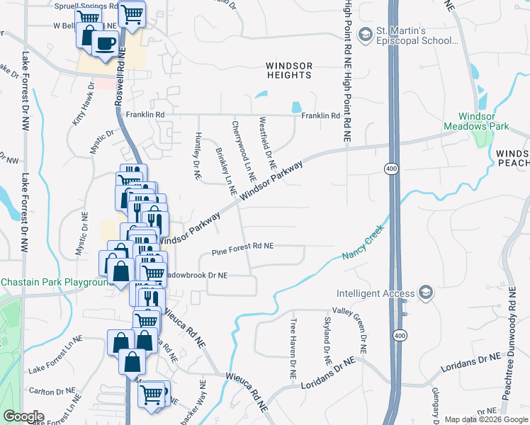 map of restaurants, bars, coffee shops, grocery stores, and more near 439 Carolwood Lane Northeast in Atlanta