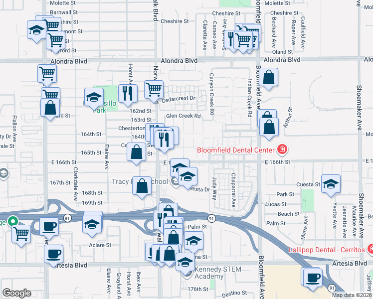 map of restaurants, bars, coffee shops, grocery stores, and more near 12304 Sandy Rock Street in Cerritos