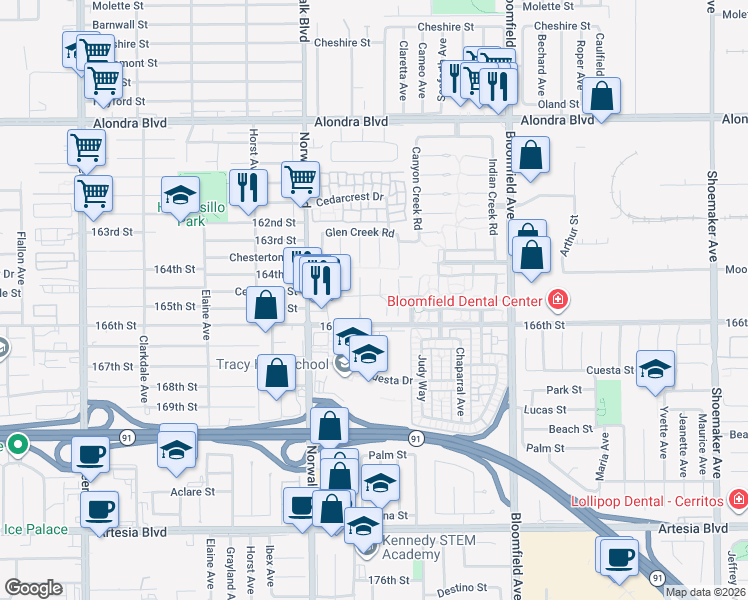 map of restaurants, bars, coffee shops, grocery stores, and more near 16406 Cherry Crest Circle in Cerritos