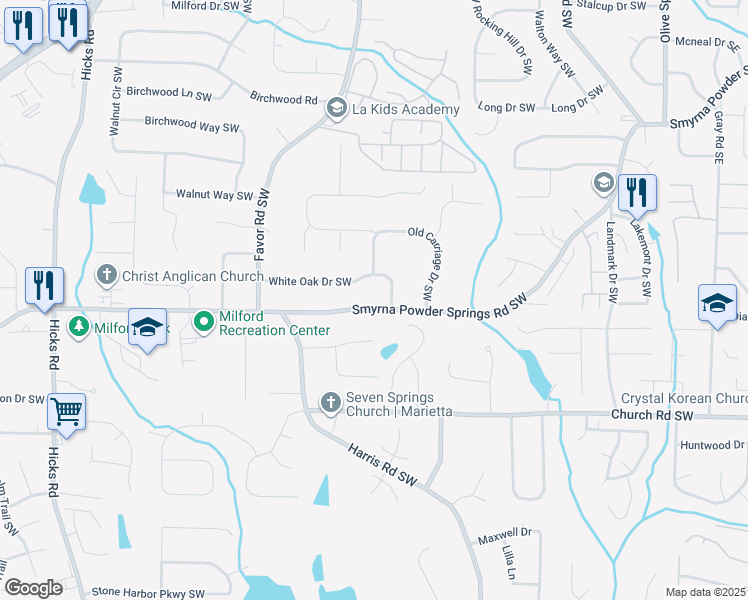 map of restaurants, bars, coffee shops, grocery stores, and more near 425 White Oak Drive Southwest in Marietta