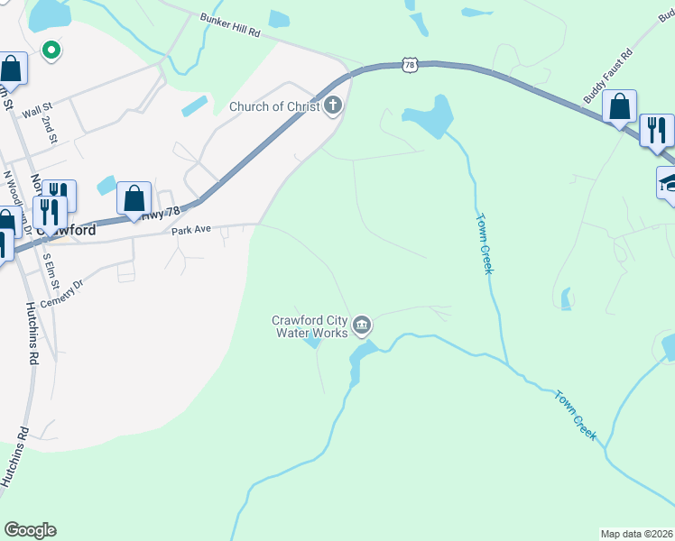 map of restaurants, bars, coffee shops, grocery stores, and more near 696-836 Water Works Road in Crawford