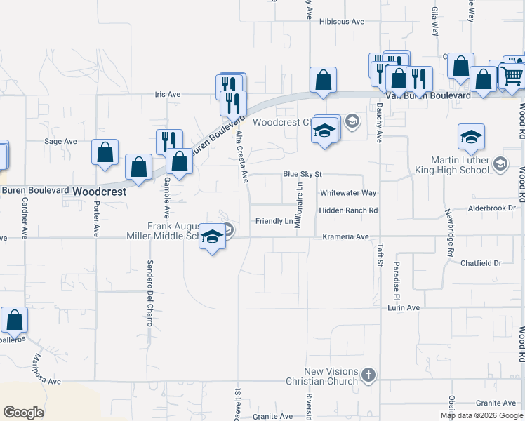 map of restaurants, bars, coffee shops, grocery stores, and more near 9282 Alta Cresta Avenue in Riverside