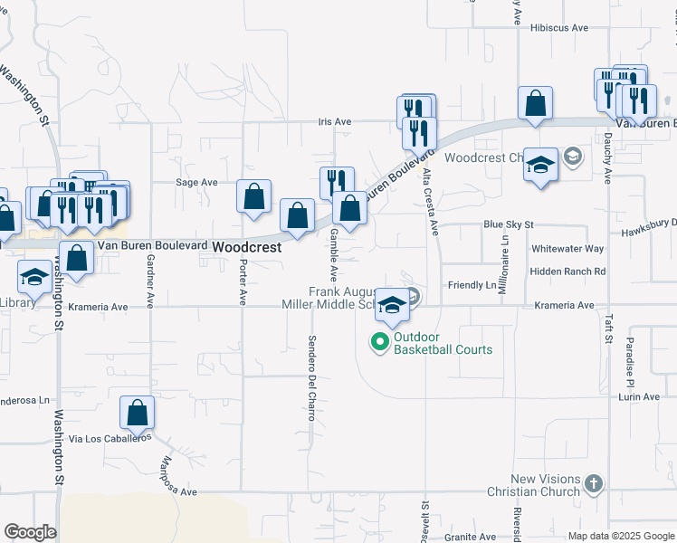 map of restaurants, bars, coffee shops, grocery stores, and more near 16356 Gamble Avenue in Riverside