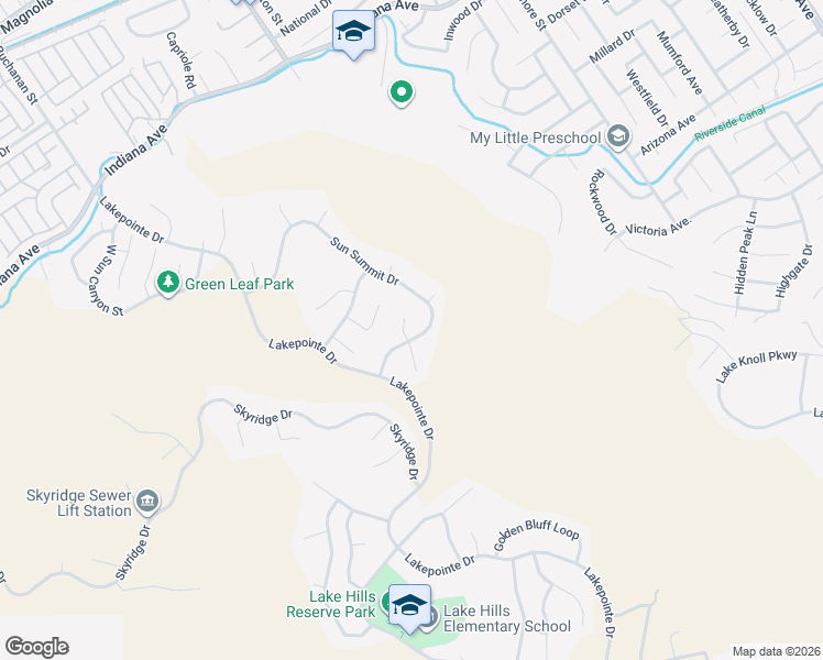 map of restaurants, bars, coffee shops, grocery stores, and more near 16423 Sun Summit Drive in Riverside